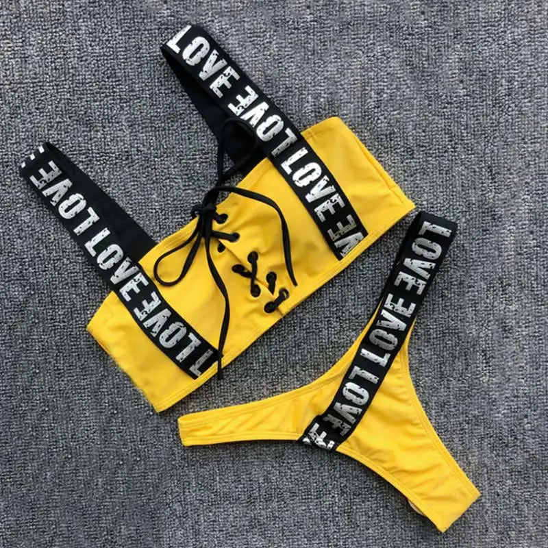 Lace Up Love Brazilian Bikini with Printed Straps Yellow / S