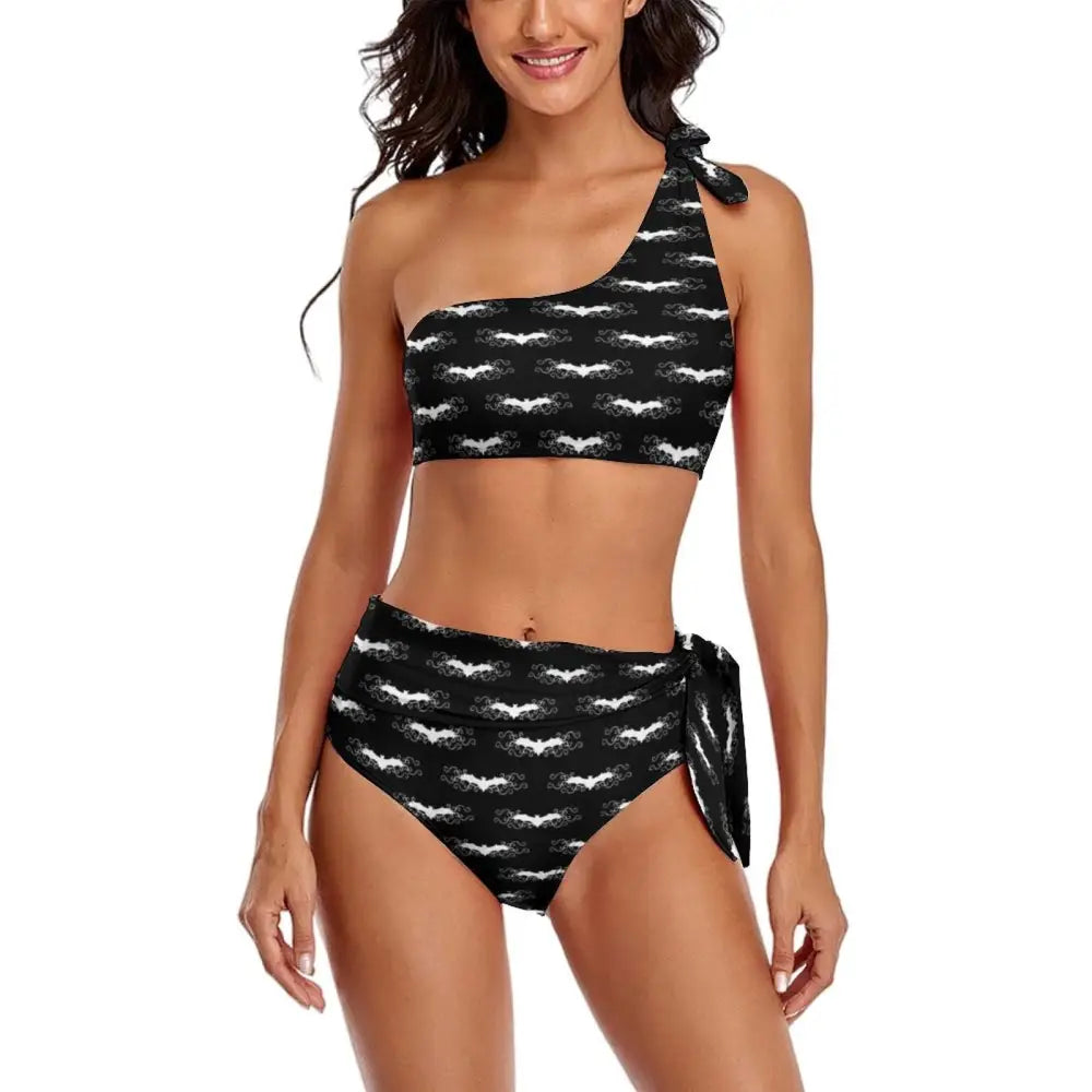 Lace-Up One Strap Bikini - Black White / S