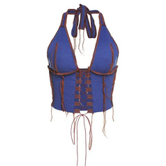 Lace Up Patchwork V Neck Halter Tops