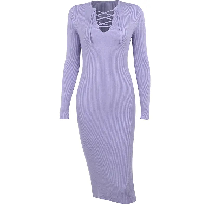 Lace-up Solid Color Knitted Dress - Purple / S - Long