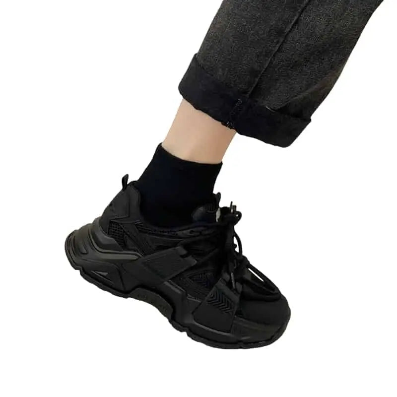 Lace-Up Thick Sole Sneakers - Black / 35 - Shoes