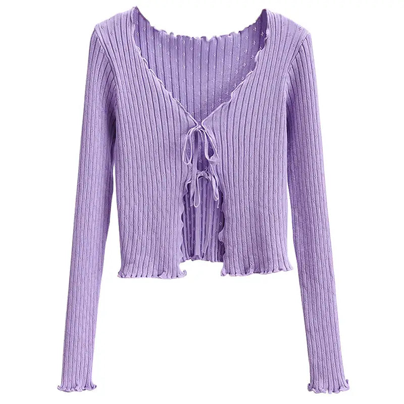 Lace-Up V-Neck Sweater - Purple / S - Swaeter