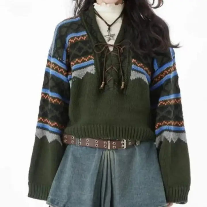 Lace-up Vintage Loose Sweater