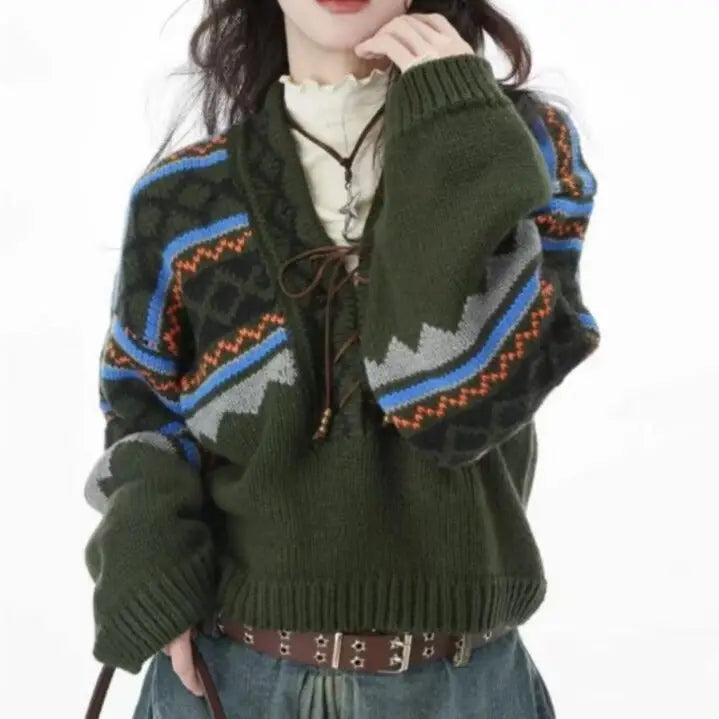 Lace-up Vintage Loose Sweater