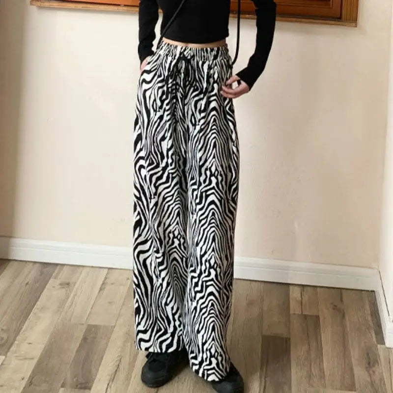 Lace-up Zebra Pattern Striped Flare Leg Pants