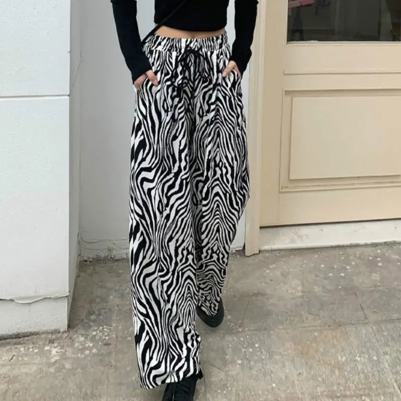 Lace-up Zebra Pattern Striped Flare Leg Pants