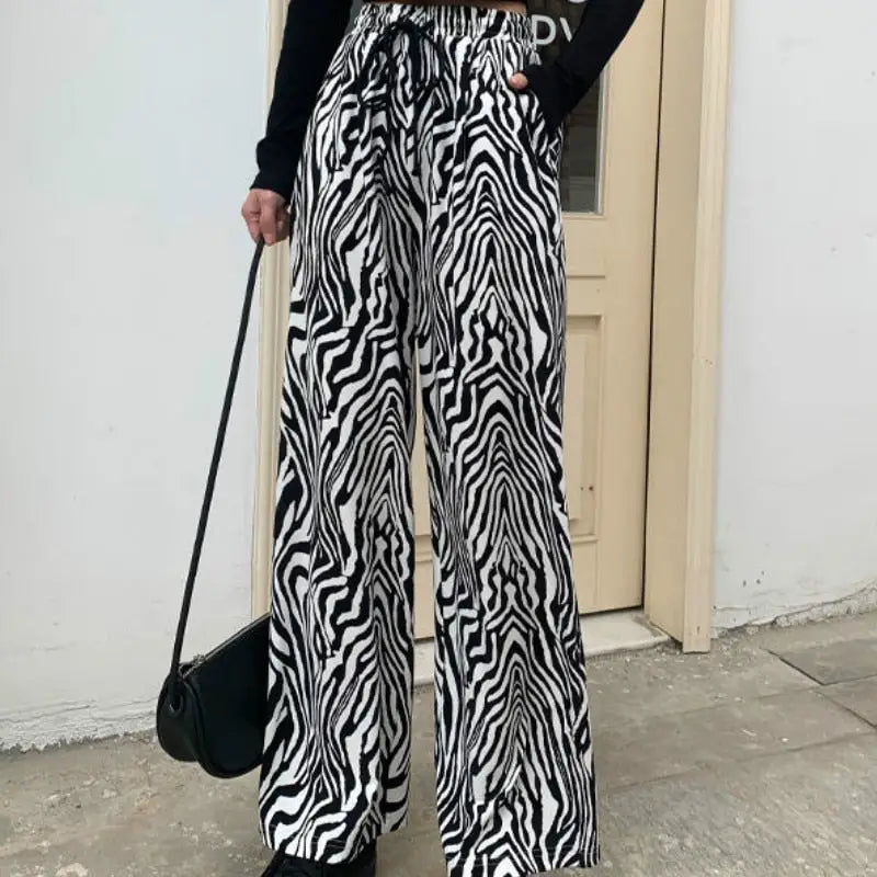 Lace-up Zebra Pattern Striped Flare Leg Pants