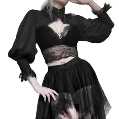 Lantern Sleeve Cropped Pullover Shawl Lace Top