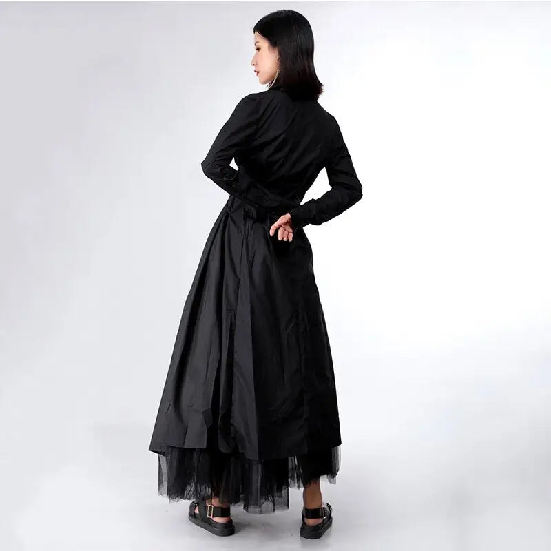 Lapel Long Sleeve Button Bandage Pleated Dress