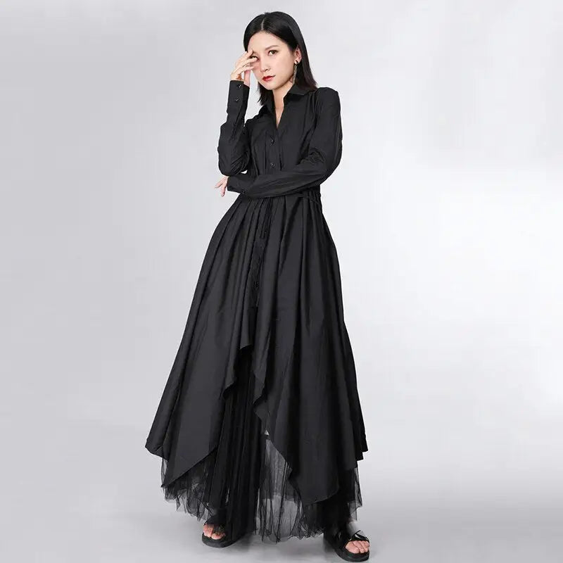 Lapel Long Sleeve Button Bandage Pleated Dress