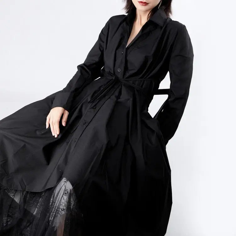 Lapel Long Sleeve Button Bandage Pleated Dress