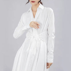 Lapel Long Sleeve Button Bandage Pleated Dress