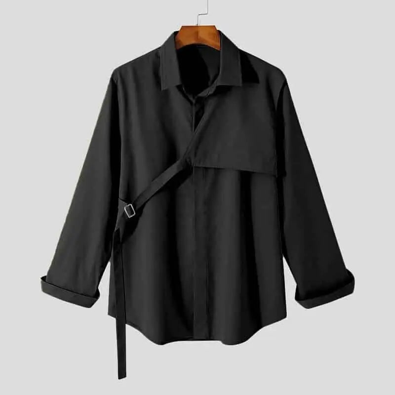 Lapel Long Sleeve Solid Color Irregular Shirt - Black / S