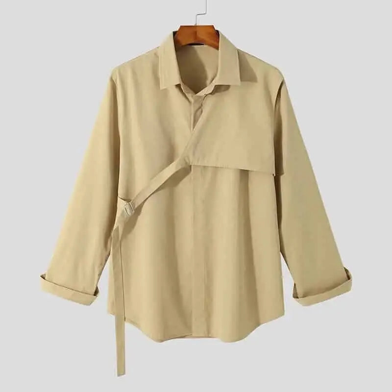 Lapel Long Sleeve Solid Color Irregular Shirt - Khaki / S