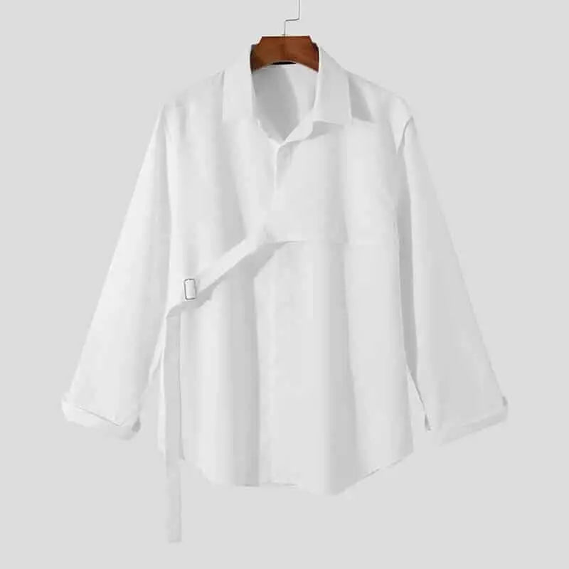 Lapel Long Sleeve Solid Color Irregular Shirt - White / S