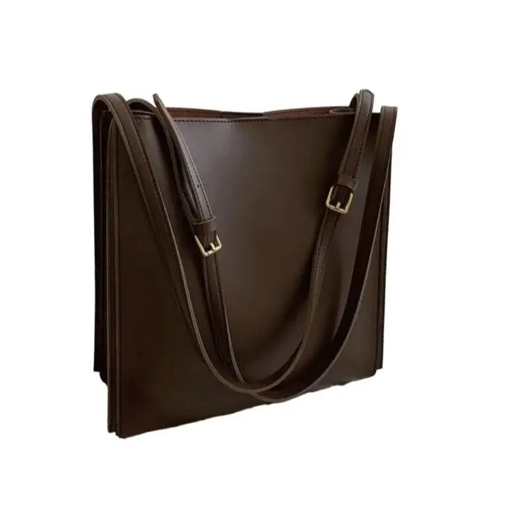 Large Capacity Solid Color PU Leather Tote Bag - Coffee