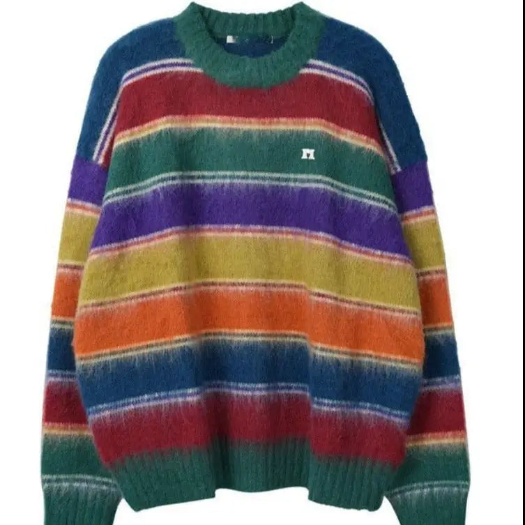 Lazy Style Striped Knitted Sweater - One Size / Rainbow