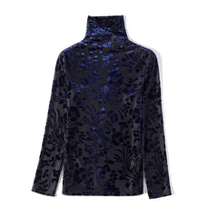 Leaf Blue Print Velvet Blouse Turtleneck