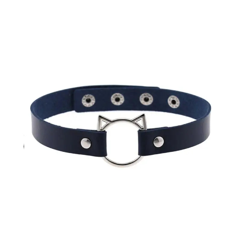 Leather Gothic Lock Hollow Cat Spike Collar Dark Blue