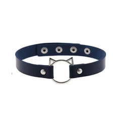 Leather Gothic Lock Hollow Cat Spike Collar Dark Blue