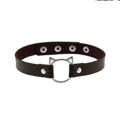 Leather Gothic Lock Hollow Cat Spike Collar Dark Brown