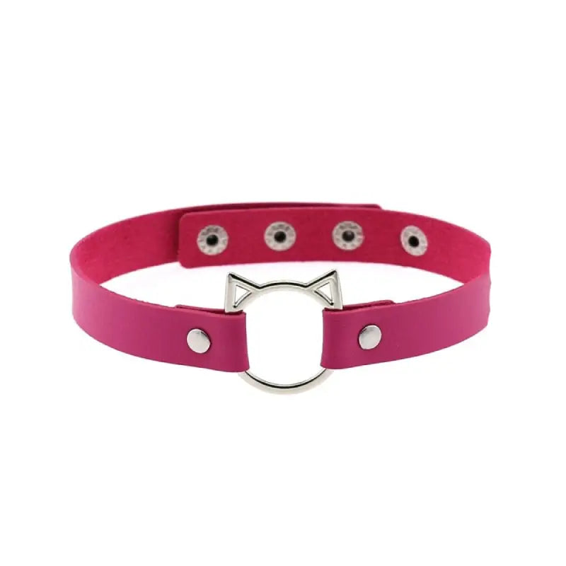 Leather Gothic Lock Hollow Cat Spike Collar Fucsia