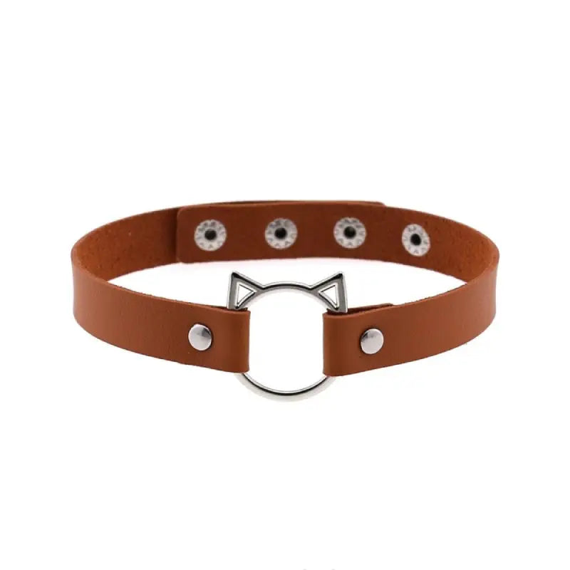 Leather Gothic Lock Hollow Cat Spike Collar Ligth Brown