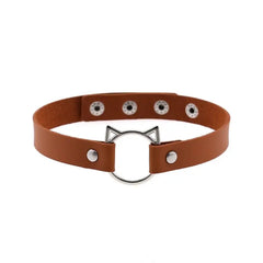 Leather Gothic Lock Hollow Cat Spike Collar Ligth Brown