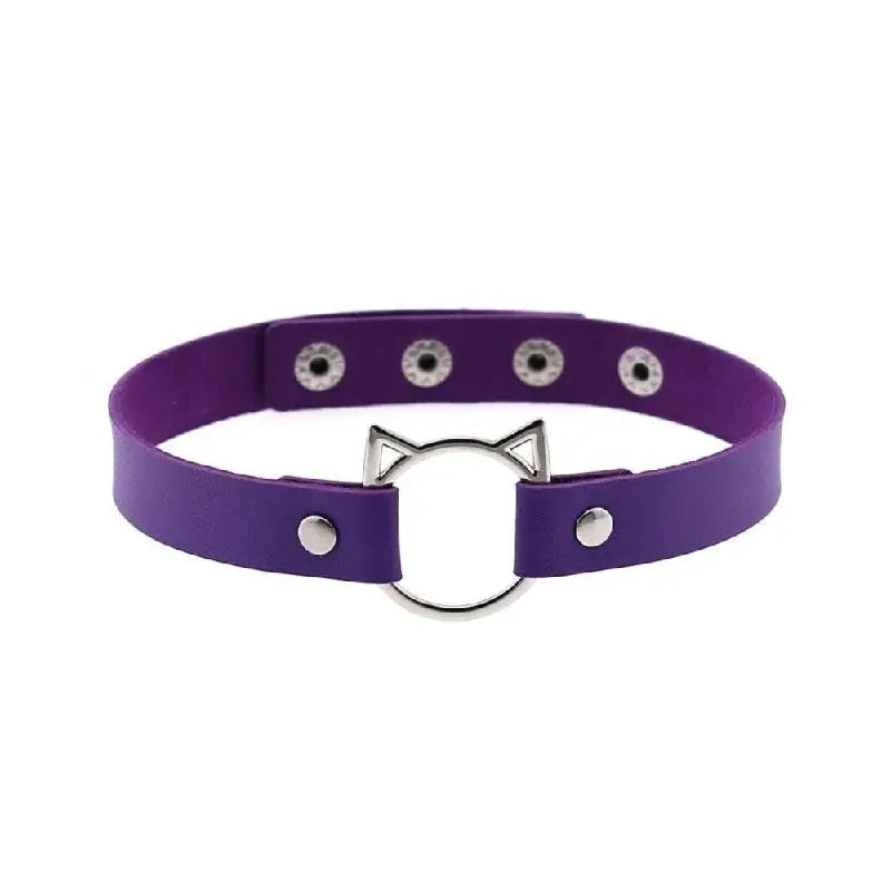 Leather Gothic Lock Hollow Cat Spike Collar Purple