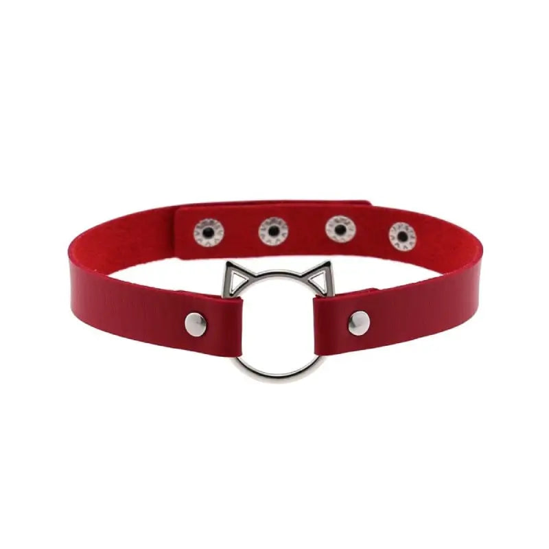 Leather Gothic Lock Hollow Cat Spike Collar Red / One Size
