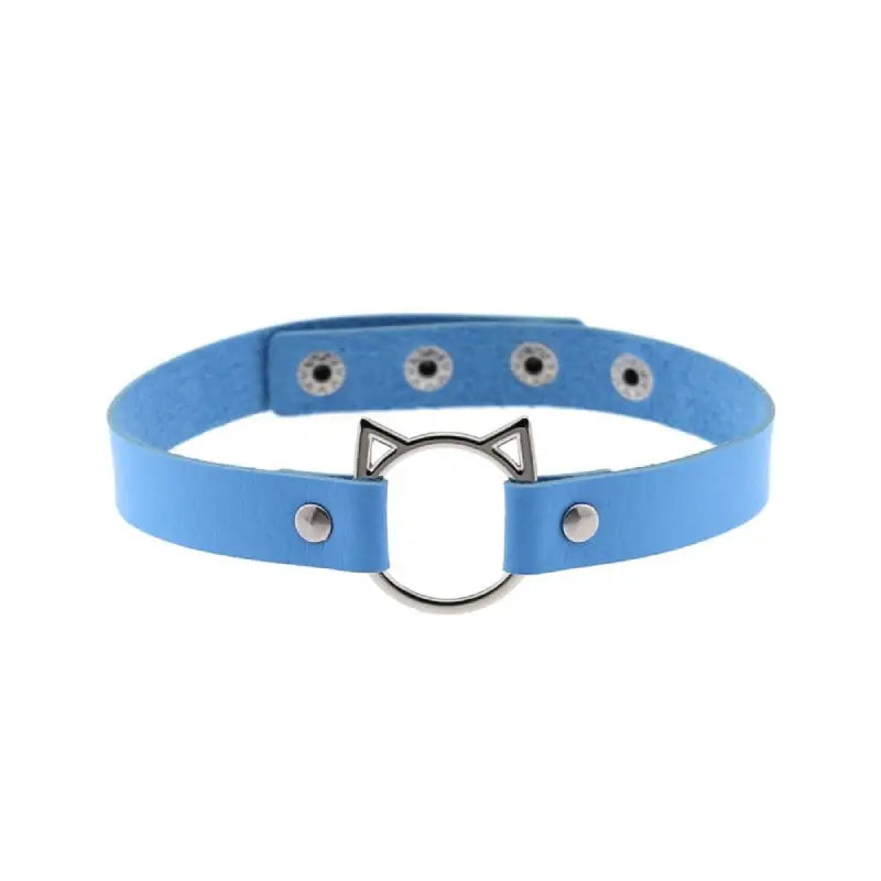 Leather Gothic Lock Hollow Cat Spike Collar Sky Blue