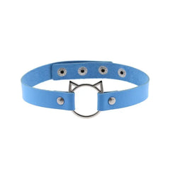 Leather Gothic Lock Hollow Cat Spike Collar Sky Blue