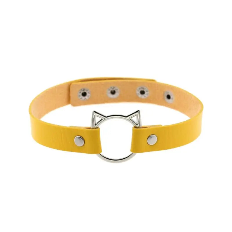Leather Gothic Lock Hollow Cat Spike Collar Yellow