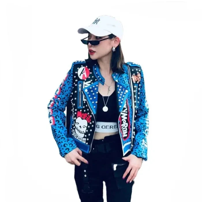 Leopard Blue Slim Motorcycle PU Vegan Leather Jacket