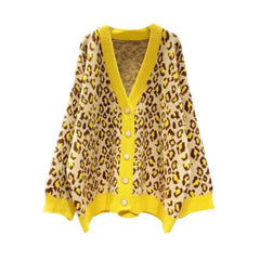 Leopard Contrast Color V-neck Knitted Oversize Sweater