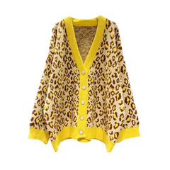 Leopard Contrast Color V-neck Knitted Oversize Sweater - One