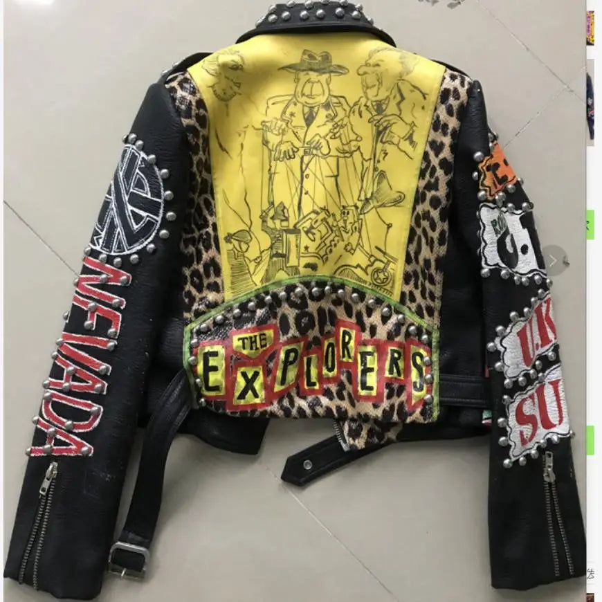 Leopard Graffiti Motorcycle PU Leather Jacket