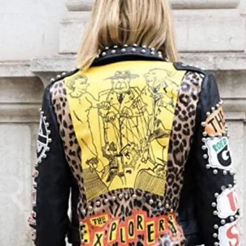 Leopard Graffiti Motorcycle PU Leather Jacket