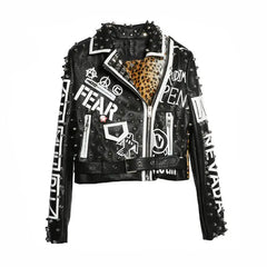 Leopard Motorcycle PU Vegan Leather Jacket - Black / M