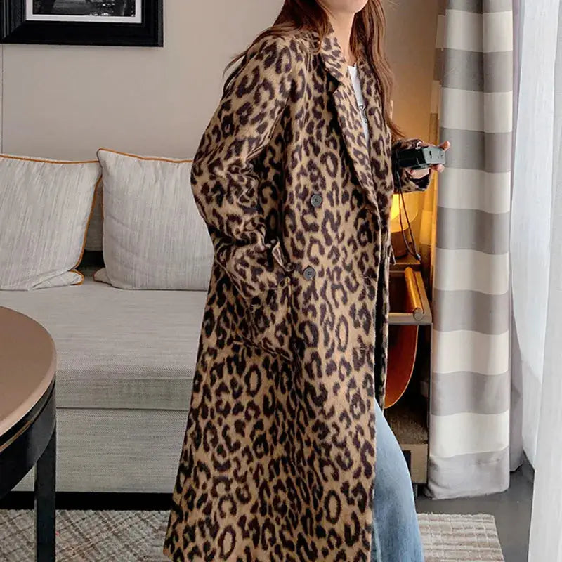 Leopard Print Long Sleeve Long Coat