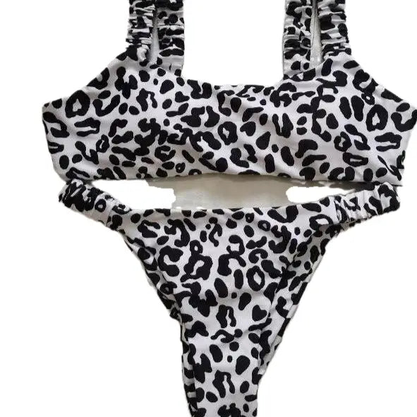 Leopard Thong Bikini - Black / S