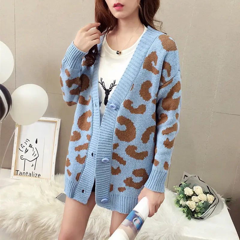 Leopard V Neck Loose Button Cardigan Sweater