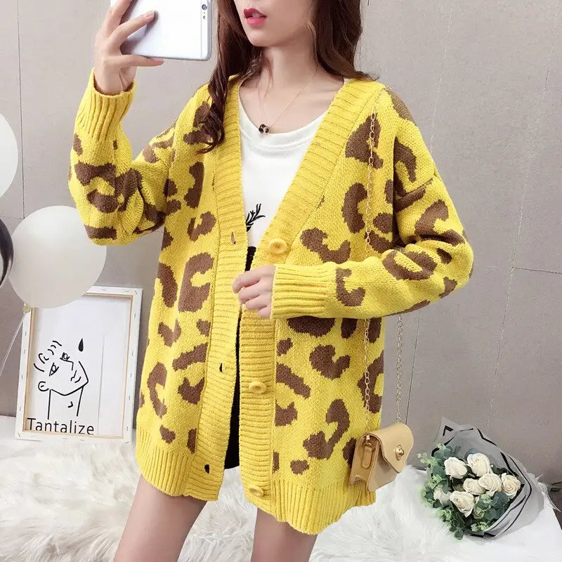 Leopard V Neck Loose Button Cardigan Sweater Yellow