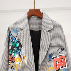 Letter Graffiti Plaid Lapel Suit Blazer