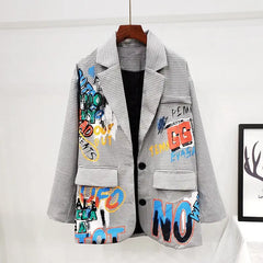 Letter Graffiti Plaid Lapel Suit Blazer