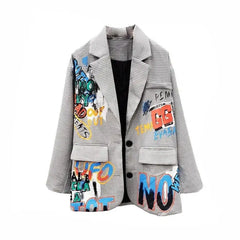 Letter Graffiti Plaid Lapel Suit Blazer