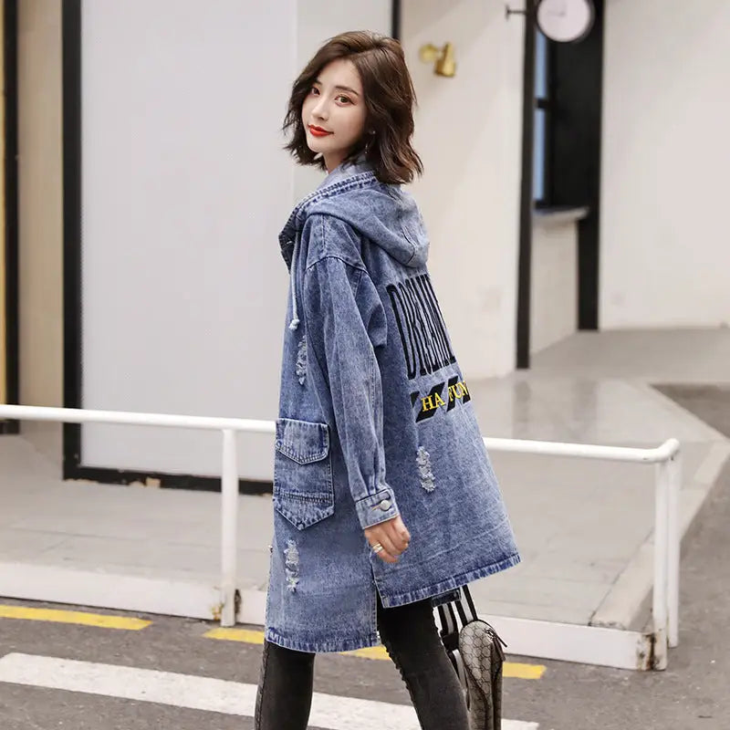 Letter Hooded Oversize Denim Jacket