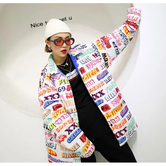 Letter Pattern Thick Reversible Loose Padded Jacket - white
