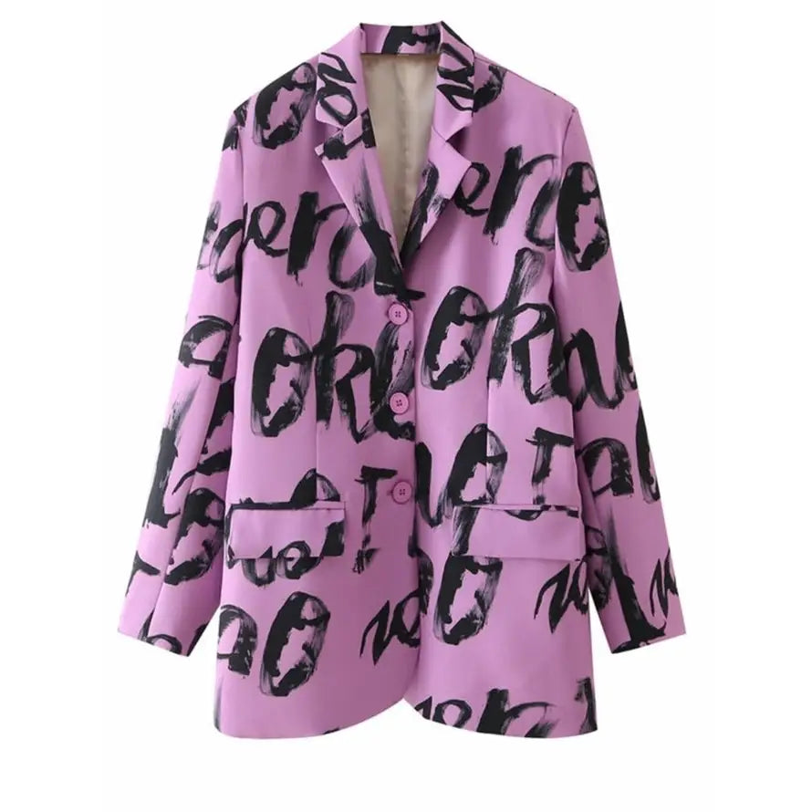 Letter Print Loose Purple Blazer Oversize