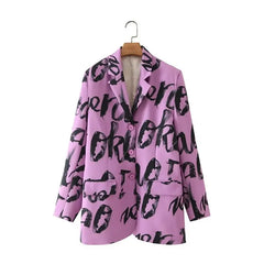 Letter Print Loose Purple Blazer Oversize - purple / S